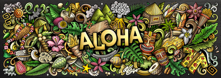 Vector illustration with Aloha Hawaii theme doodles. Vibrant and eye-catching banner design, capturing the essence of Hawaiian culture and traditions through playful cartoon symbolsのイラスト素材