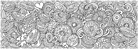 Cartoon vector Donuts doodle illustration features a variety of sweet food objects and symbols. Sketchy whimsical funny picture.のイラスト素材