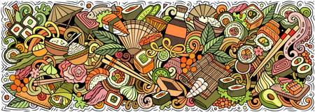 Cartoon vector Sushi doodle illustration features a variety of Japanese Cuisine objects and symbols. Bright colors whimsical funny picture.のイラスト素材