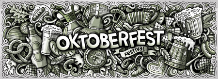 Cartoon vector Beer festival doodle illustration features a variety of objects and symbols. Monochrome whimsical funny picture.のイラスト素材