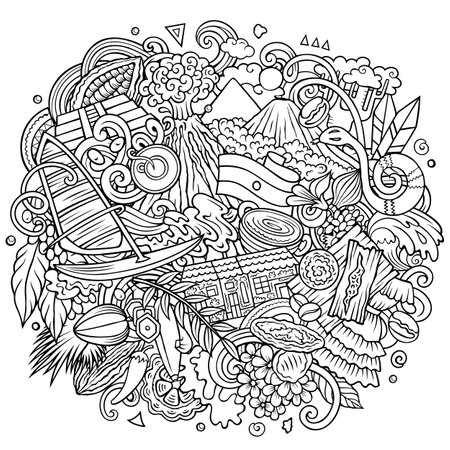 El Salvador cartoon doodle illustration. Funny local design.のイラスト素材