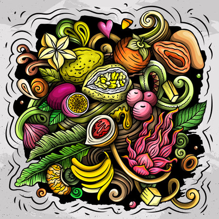 Exotic Fruits cartoon vector doodles illustrationのイラスト素材