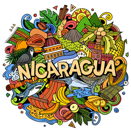 Nicaragua cartoon doodle illustration. Funny local design.のイラスト素材