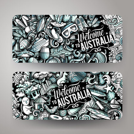Cartoon vector doodle set of Australia corporate identity templates. Funny Australian monochrome and line art banners designのイラスト素材