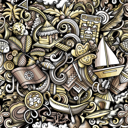 Cartoon doodles Belize seamless pattern. Backdrop with Belizean culture symbols and items. Graphics background for fabric, greeting cards, wallpaperのイラスト素材