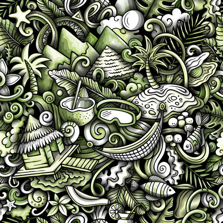 Cartoon doodles Bora-Bora island seamless pattern. Backdrop with French Polynesia symbols and items. Graphics background for fabric, greeting cards, wallpaperのイラスト素材