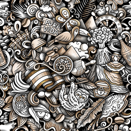 Cartoon doodles Costa Rica seamless pattern. Backdrop with Central America culture symbols and items. Colorful background for fabric, greeting cards, wallpaperのイラスト素材