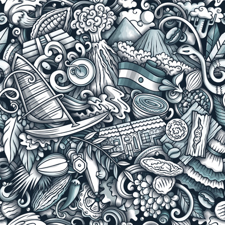 Cartoon doodles El Salvador seamless pattern. Backdrop with Salvadoran culture symbols and items. Graphics background for fabric, greeting cards, wallpaperのイラスト素材