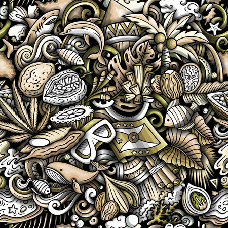 Cartoon doodles Grenada seamless pattern. Backdrop with Grenadian culture symbols and items. Monochrome background for fabric, greeting cards, wallpaperのイラスト素材