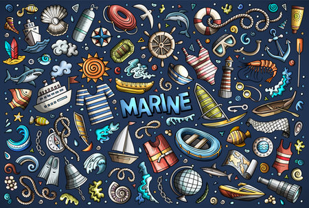 Colorful vector hand drawn doodle cartoon set of Marine theme items, objects and symbolsのイラスト素材