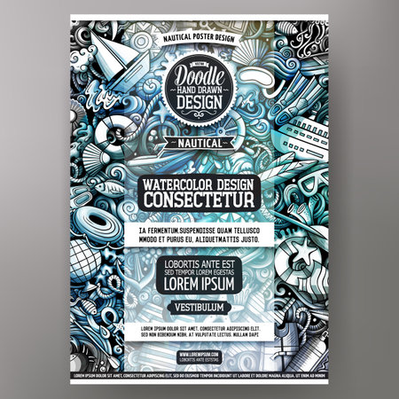 Cartoon vector doodle Marine poster template. Corporate identity for the use on invitations, placards, cards, presentationsのイラスト素材