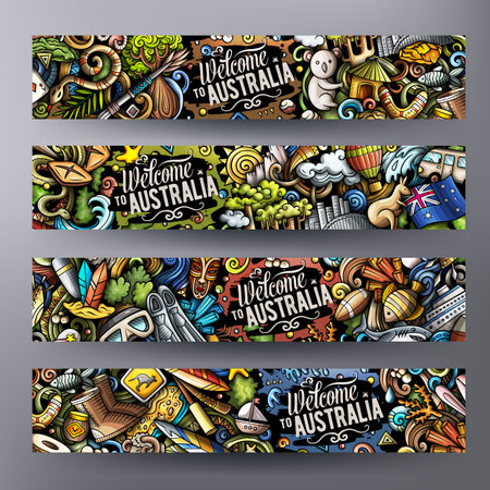 Cartoon vector doodle set of Australia corporate identity templates. Funny Australian colorful banners designのイラスト素材