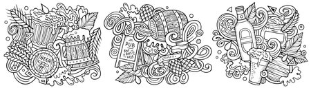 Beer fest cartoon vector doodle designs setのイラスト素材