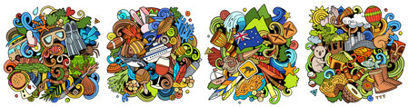 Australia cartoon vector doodle designs set. Colorful detailed compositions with lot of traditional symbols. Isolated on white illustrationsのイラスト素材
