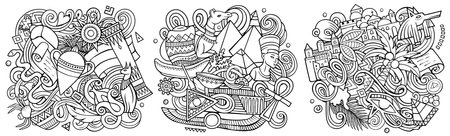 Egypt cartoon vector doodle designs set. Sketchy detailed compositions with lot of Egyptian objects and symbols. Isolated on white illustrationsのイラスト素材