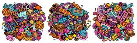 Candy cartoon vector doodle designs set. Colorful detailed banner with lot of sweets objects and symbols compositions.のイラスト素材