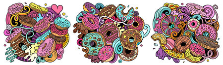 Cartoon vector Donuts doodle illustration features a variety of sweet food objects and symbols set. Bright colors whimsical funny collectionのイラスト素材