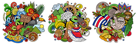 Costa Rica cartoon vector doodle designs set. Colorful detailed compositions with lot of Costa Rican objects and symbols. Isolated on white illustrationsのイラスト素材