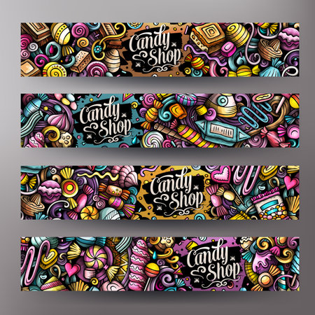 Cartoon vector doodle set of Candies corporate identity templates. Funny Sweet food colorful and line art banners designのイラスト素材