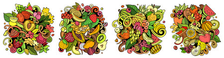 Fresh fruits cartoon vector doodle designs set. Colorful detailed compositions with lot of nature food objects and symbols banner.のイラスト素材