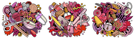 Nail salon cartoon vector doodle designs set. Colorful detailed compositions with lot of Manicure objects and symbols. Isolated on white illustrationsのイラスト素材