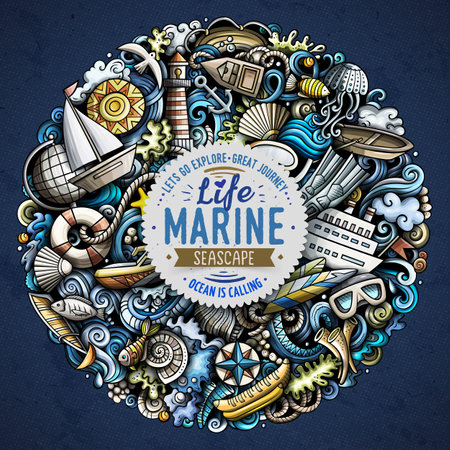 Marine hand drawn vector doodles illustration. Summer elements and objects cartoon background. Color funny picture. All items are separatedのイラスト素材
