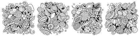 Exotic fruits cartoon vector doodle designs set. Sketchy detailed compositions with lot of nature food objects and symbols banner.のイラスト素材