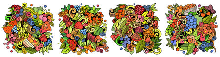 Berries cartoon vector doodle designs set. Colorful detailed compositions with lot of nature food objects and symbols banner.のイラスト素材