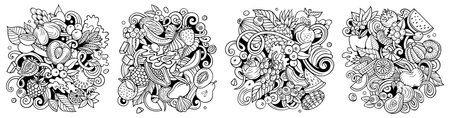 Fresh fruits cartoon vector doodle designs set. Sketchy detailed compositions with lot of nature food objects and symbols banner.のイラスト素材