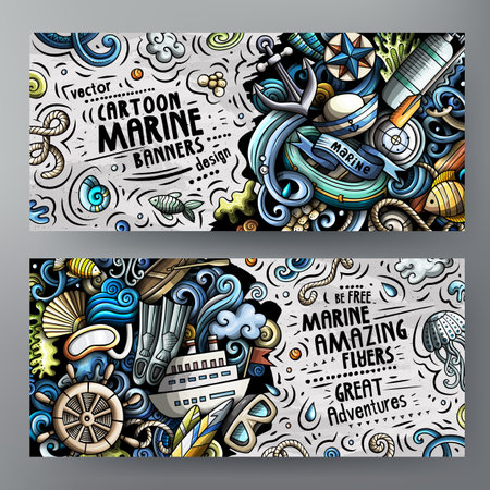 Cartoon cute doodles Marine horizontal banners setのイラスト素材
