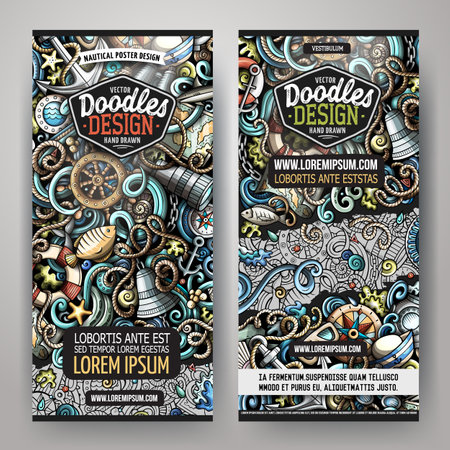 Cartoon vector doodle set of Nautical banners templates. Corporate identity for the use on invitations, cards, apps, branding, flyers, greeting cards, postcards, web design. Funny colorful illustration.のイラスト素材