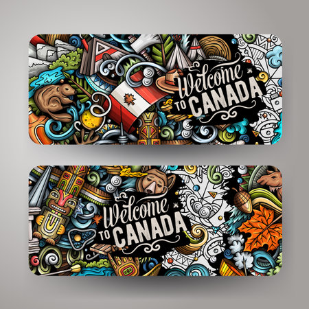 Cartoon vector doodle set of Canada corporate identity templates. Funny Canadian colorful and line art banners designのイラスト素材