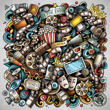 Cinema cartoon vector doodle design. Colorful detailed composition with lot of movie objects and symbols. All items are separateのイラスト素材