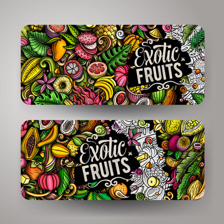 Cartoon vector doodle set of Tropical Fruits banners templates. Corporate identity for the use on apps, branding, flyers, web design. Funny natural food colorful illustration.のイラスト素材