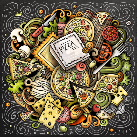 Pizza cartoon doodle illustration. Funny creative vector background. Pizzeria elements and objects. Colorful compositionのイラスト素材
