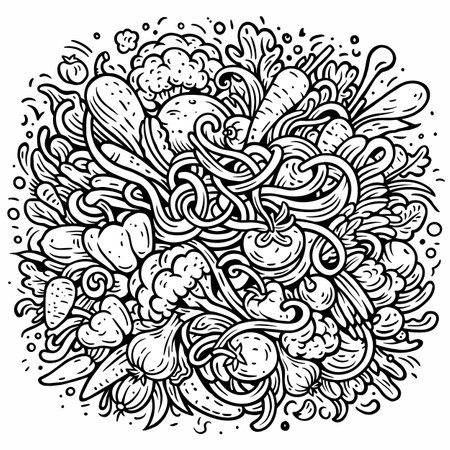 Vegetables cartoon vector doodles illustration. Nature food elements and objects background. Line art funny veggies pictureのイラスト素材