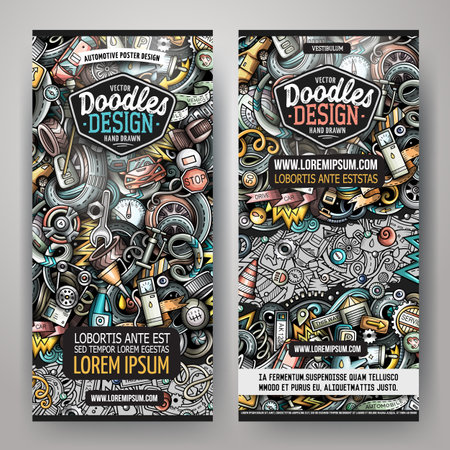 Cartoon cute colorful vector hand drawn doodles automotive corporate identity. 2 vertical banners design. Templates setのイラスト素材