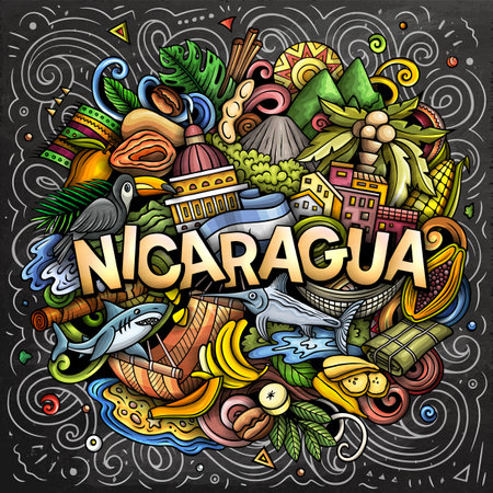 Vector funny doodle illustration with Nicaragua theme. Vibrant and eye-catching design, capturing the essence of Central America culture and traditions through playful cartoon symbolsのイラスト素材