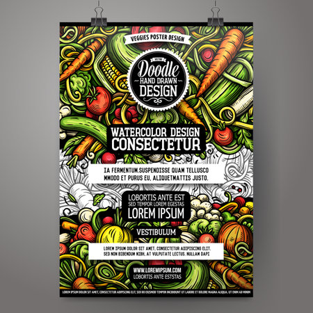 Cartoon vector doodle Vegetables poster template. Corporate identity for the use on invitations, placards, cards, presentations. Funny Veggies colorful and line art designのイラスト素材