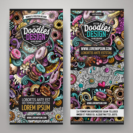 Cartoon vector doodle set of Donuts banners templates.のイラスト素材