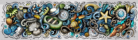 Cartoon cute hand drawn vector doodle Marine bannerのイラスト素材
