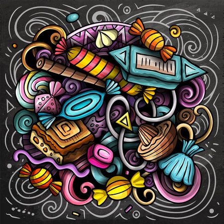 Candies cartoon vector doodles illustration. Sweet food design. Confection elements and objects background. Bright colors funny picture. All items are separatedのイラスト素材