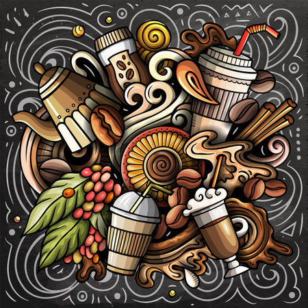 Cartoon vector doodles Coffee House illustration. Colorful, detailed, with lots of objects background. All objects separate. Bright colors Cafe funny pictureのイラスト素材