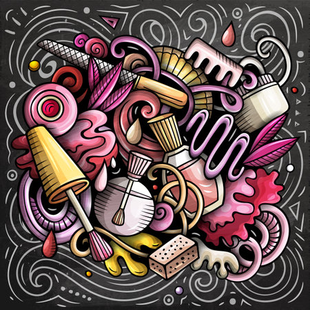 Nail Salon hand drawn vector doodles illustration. Manicure design. Beauty elements and objects cartoon background. Bright colors funny picture. All items are separatedのイラスト素材
