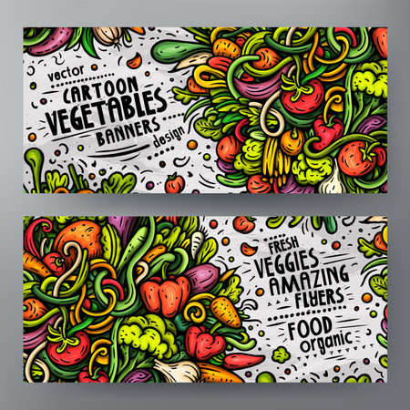 Cartoon vector doodle set of Fresh Vegetables banners templates. Corporate identity for the use on apps, branding, flyers, web design. Funny veggies colorful illustration.のイラスト素材