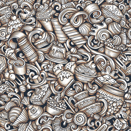 Graphics doodle Desserts seamless pattern. Backdrop with sweet food symbols and items. Monochrome background for print on fabric, textile, phone cases, wrapping paper.の写真素材