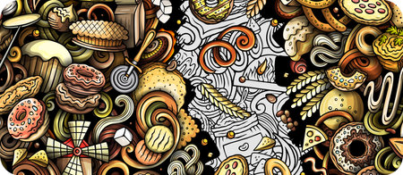 Cartoon vector doodle Bakery banner background. Funny Bakehouse colorful and line art designのイラスト素材