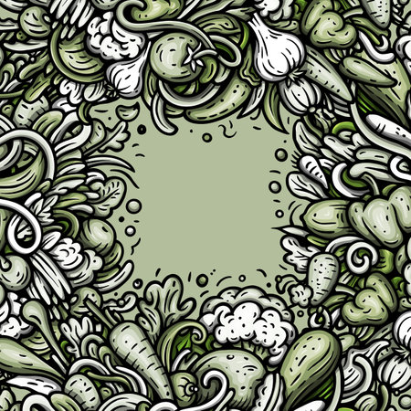 Vegetables cartoon vector doodles frame. Veggies border designのイラスト素材