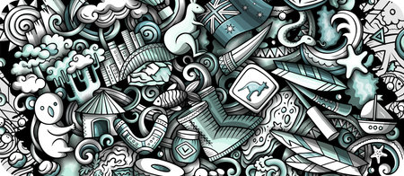 Cartoon vector doodle Australia background. Funny Australian monochrome and line art designのイラスト素材