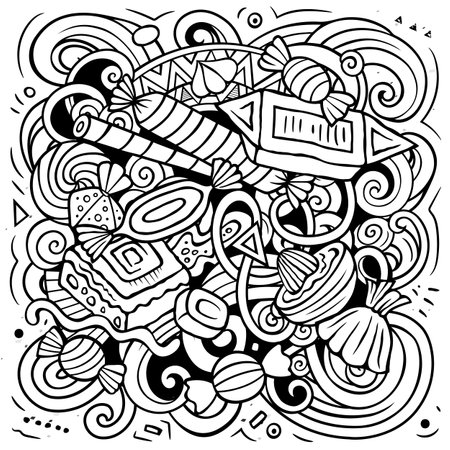 Candies cartoon vector doodles illustration. Sweet food design. Confection elements and objects background. Sketchy funny picture.のイラスト素材